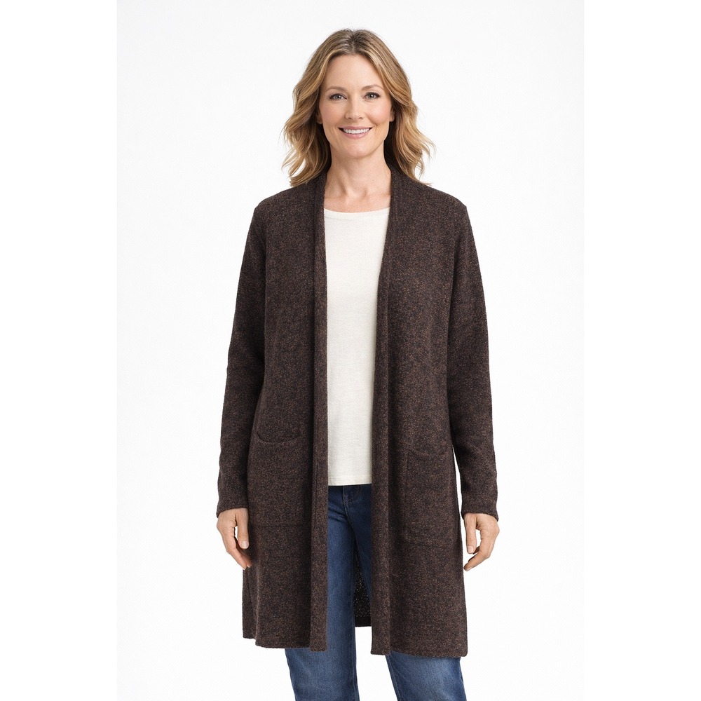 Eileen Fisher Duster Sweater Cardigan Size L Brown Wool Blend Open Front Pockets